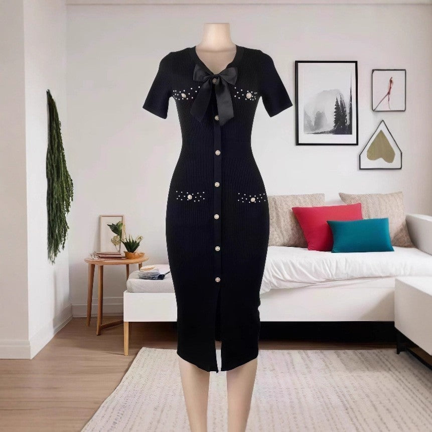 V-neck Bow Short-sleeved Beaded Button Slit Knit Dress
