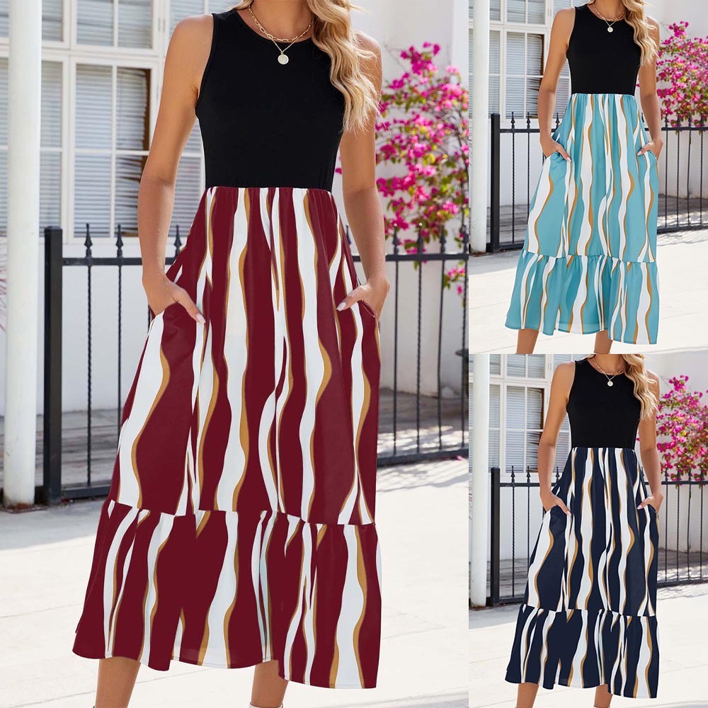 Round Neck Sleeveless Long Dress Summer Fashion Striped Print Dress