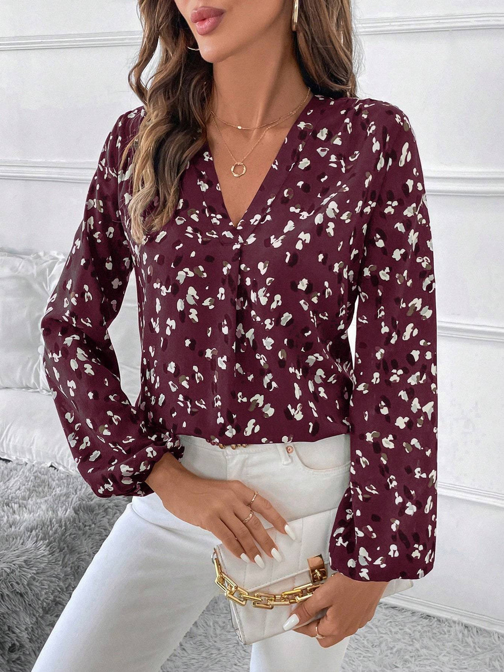 Women's V-Neck All-Over Print Elegant Long Sleeve Blouse