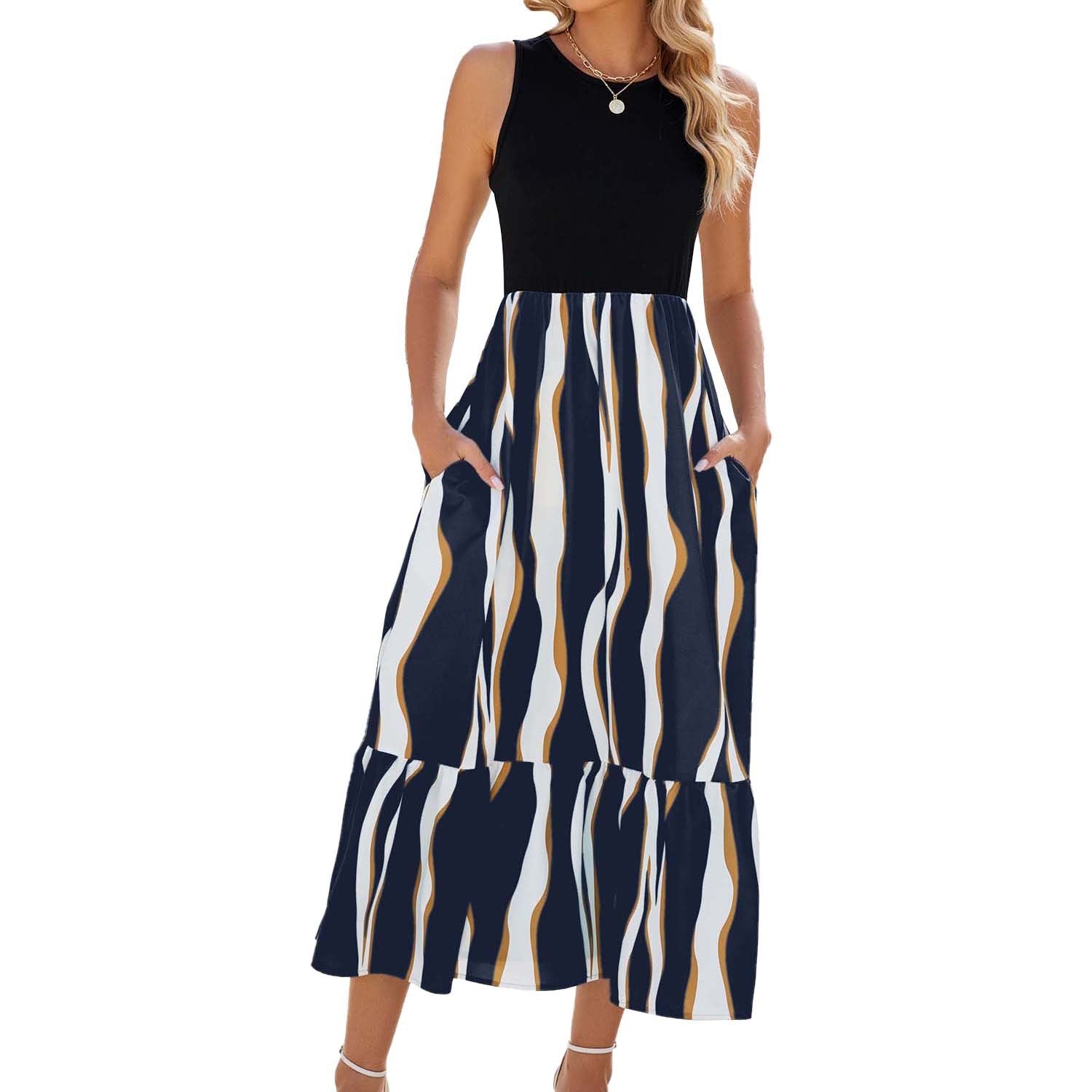 Round Neck Sleeveless Long Dress Summer Fashion Striped Print Dress
