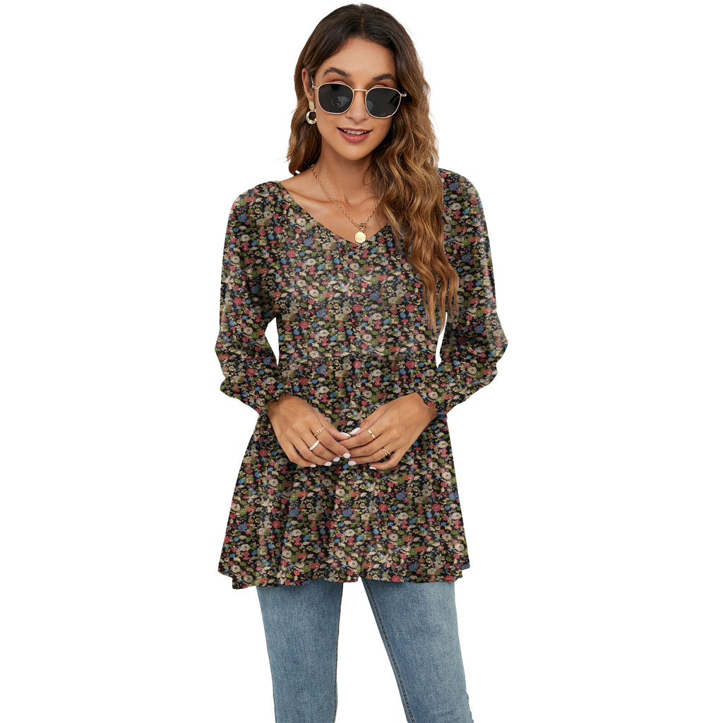 Long Puff Sleeve Tops Women Flowers Print Casual V-Neck Blouse