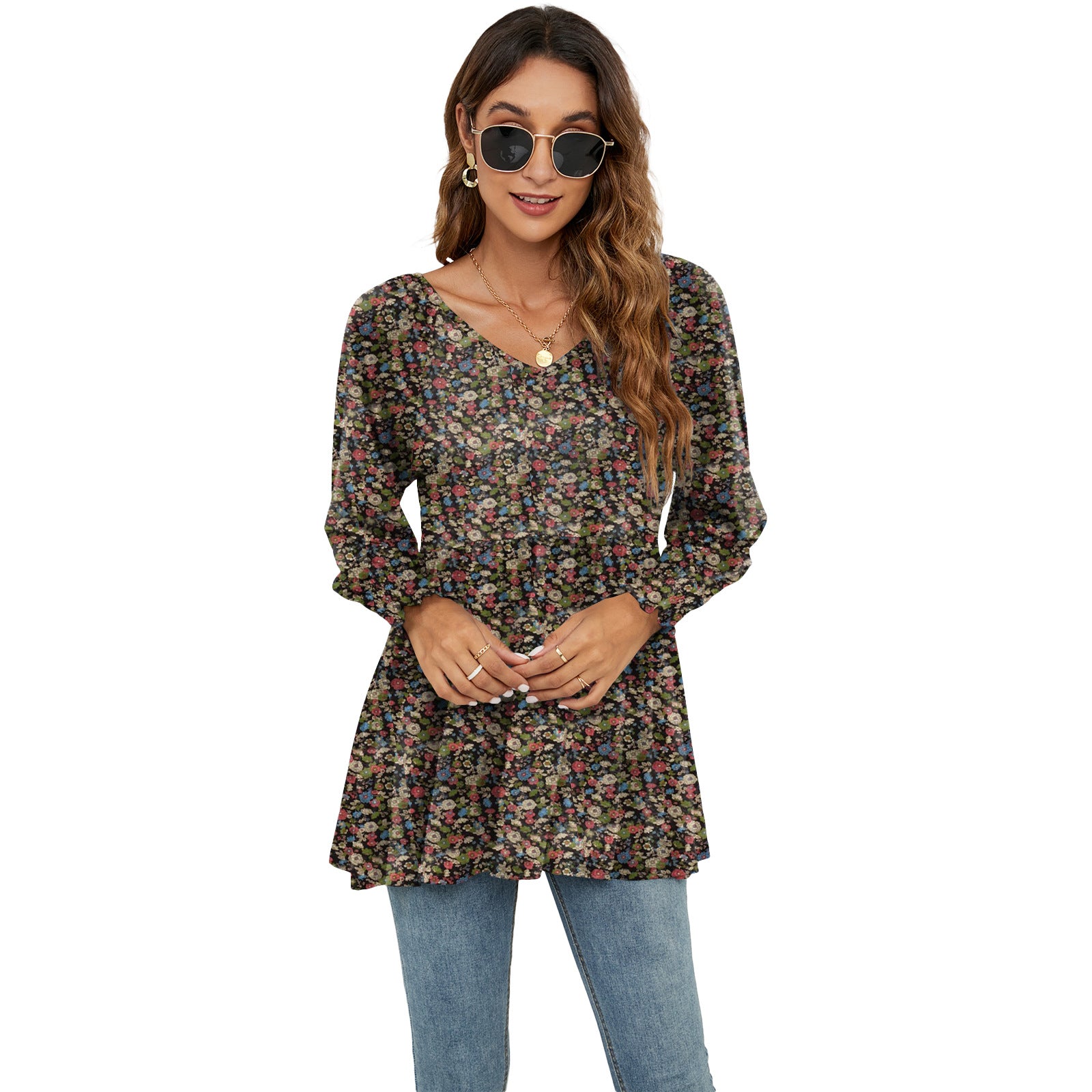 Long Puff Sleeve Tops Women Flowers Print Casual V-Neck Blouse