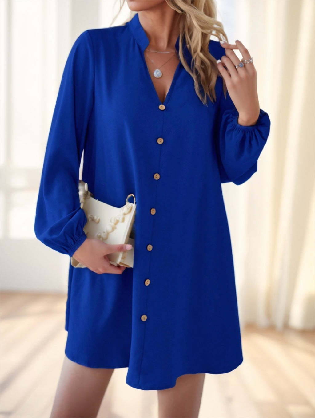 Round Neck Lantern Sleeve Shirt Dress