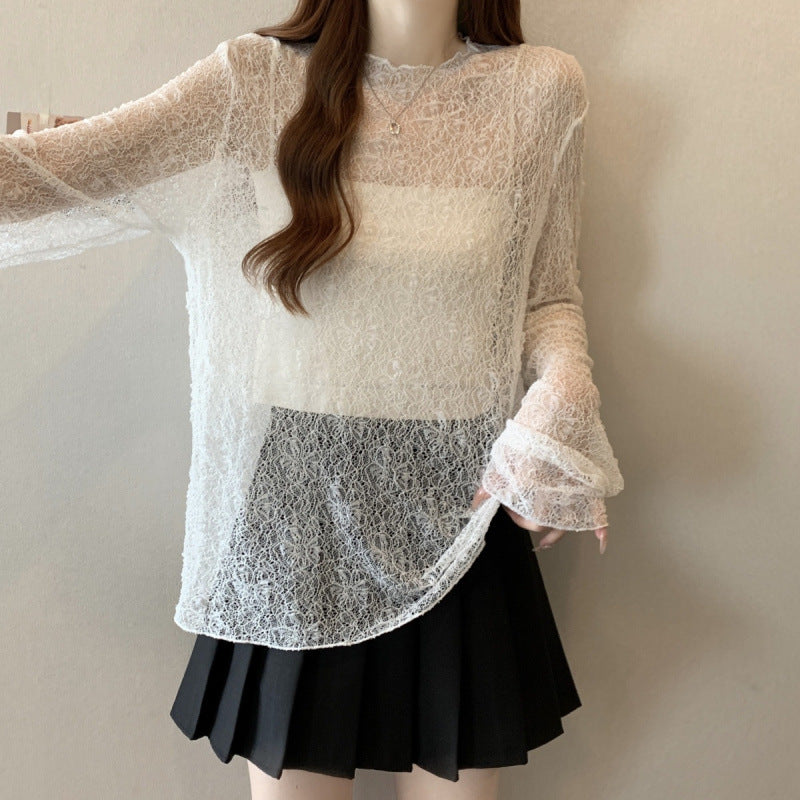 Black Thin Slightly Sheer Lace Long Sleeve T-shirt