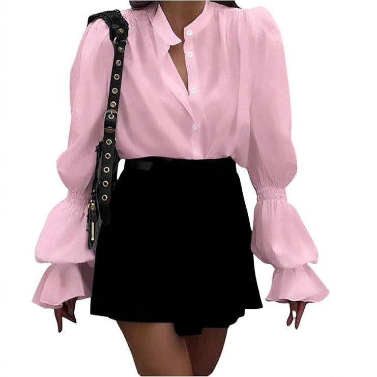 Elegant Temperament Commuter Lantern Sleeve Round Neck Single-breasted Shirt