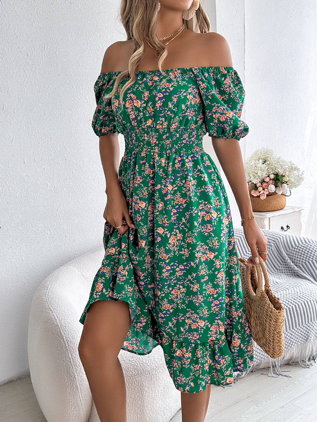 Floral Print Square Collar Dress Summer Fashion Ruffles Dresses