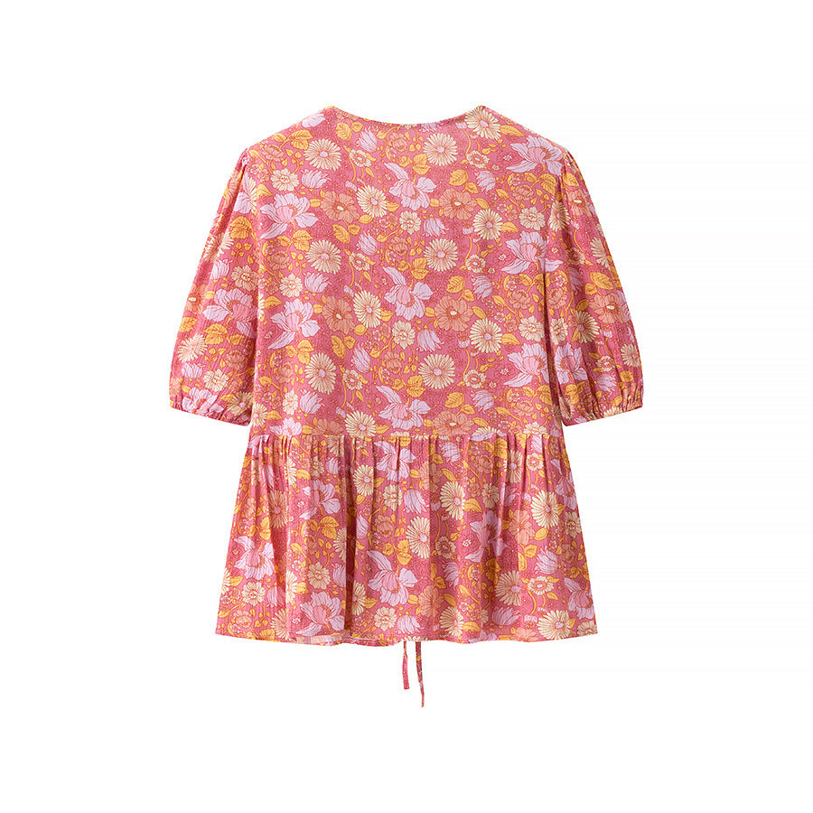 Women's New Fashion Viscose Wrinkle Print Short Sleeve Embroidered Shirt