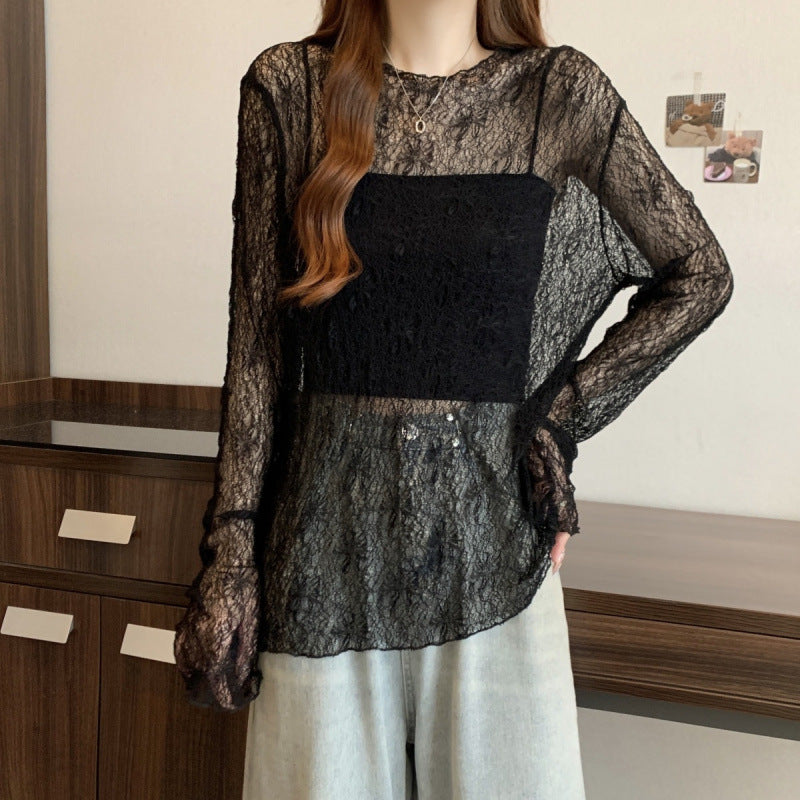 Black Thin Slightly Sheer Lace Long Sleeve T-shirt