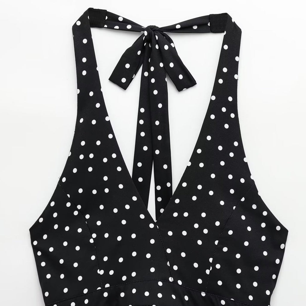 Fashion Casual Slim-fit Polka Dot Halter Tie-back Backless Camisole Top For Women