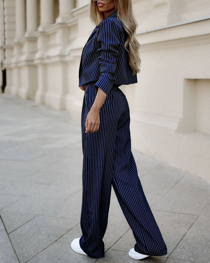 Women's Spring Fashion Striped Suits Casual Lapel Long Sleeve Cropped Top And Straight Pants