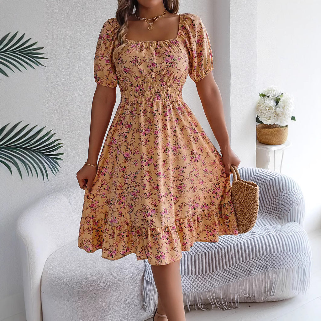 Floral Print Square Collar Dress Summer Fashion Ruffles Dresses