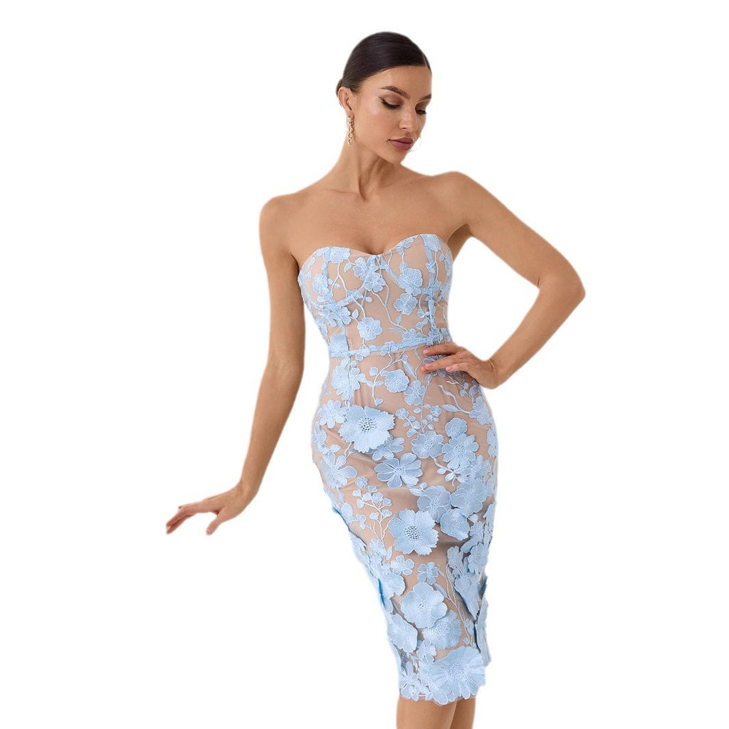 French Embroidery Flower Tube Top Dress Women