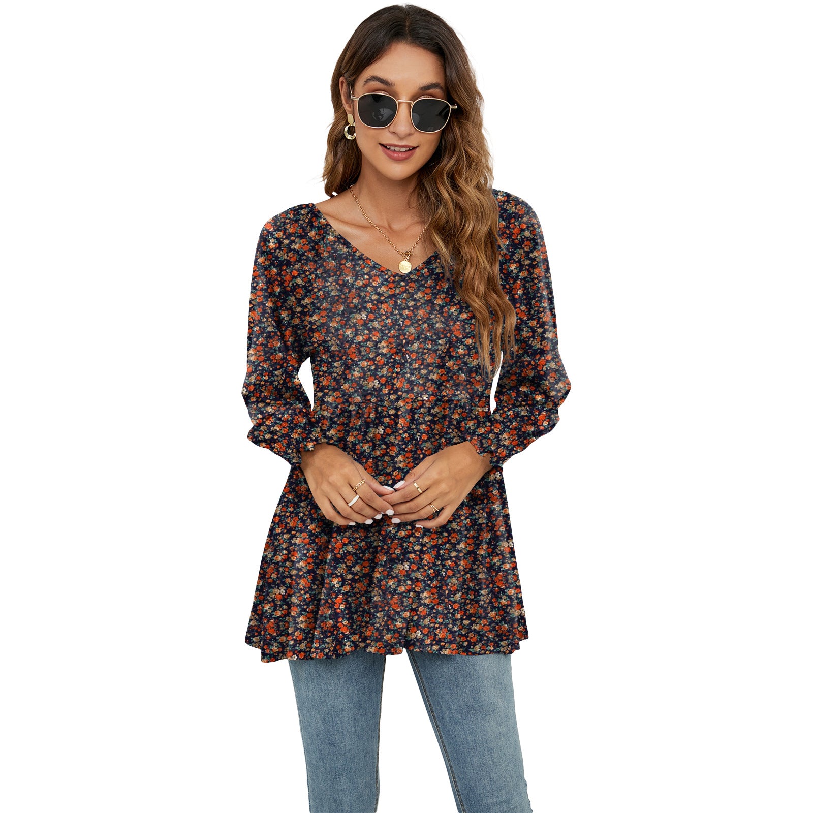 Long Puff Sleeve Tops Women Flowers Print Casual V-Neck Blouse