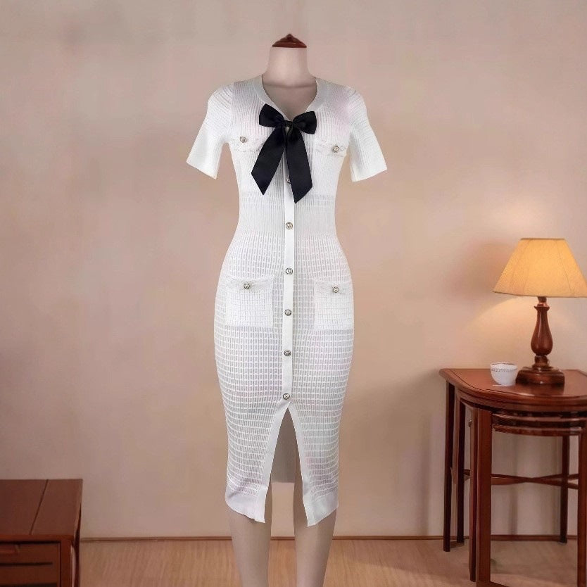 V-neck Bow Short-sleeved Beaded Button Slit Knit Dress