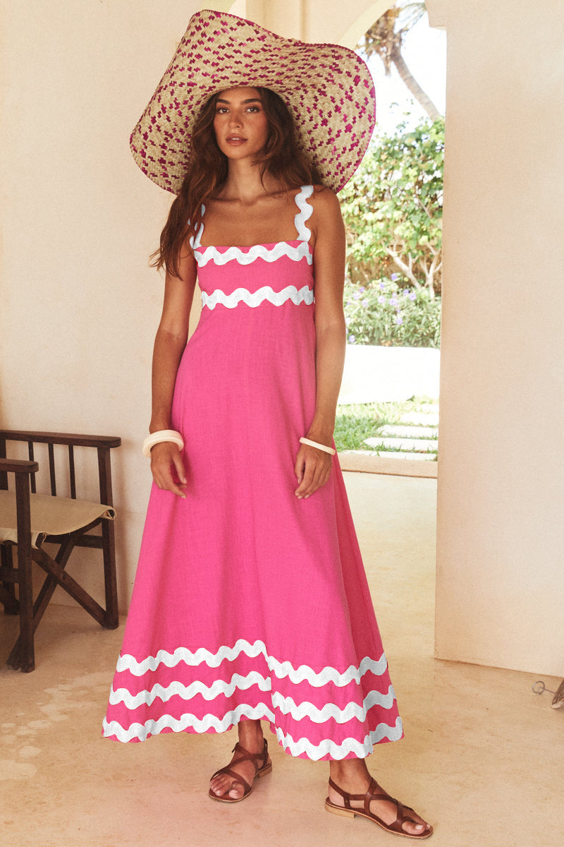 Flowers Print Wavy Pattern Suspender Long Beach Dress For Women