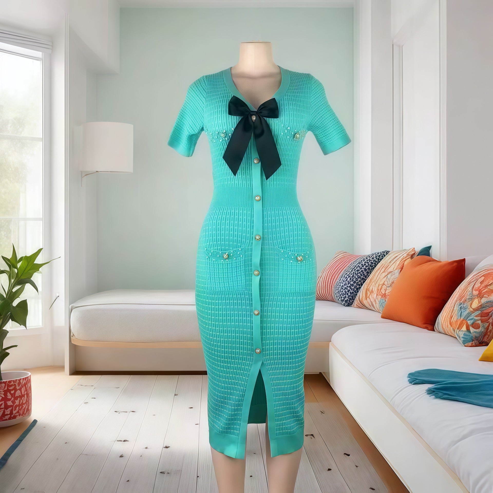 V-neck Bow Short-sleeved Beaded Button Slit Knit Dress