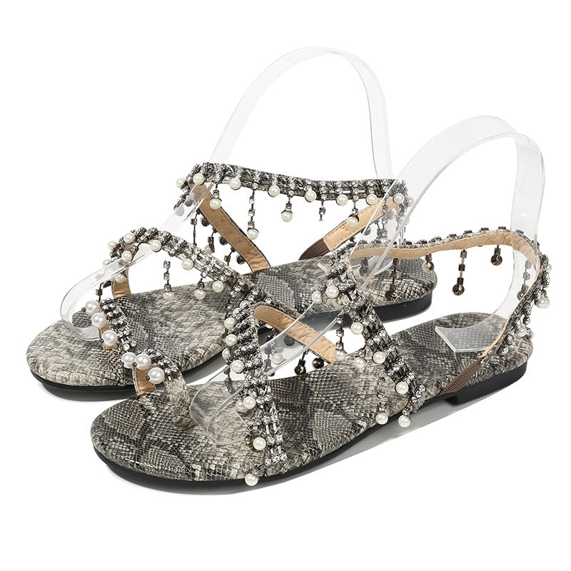 New Female Snake Print Flip Flops Pearl Sandals