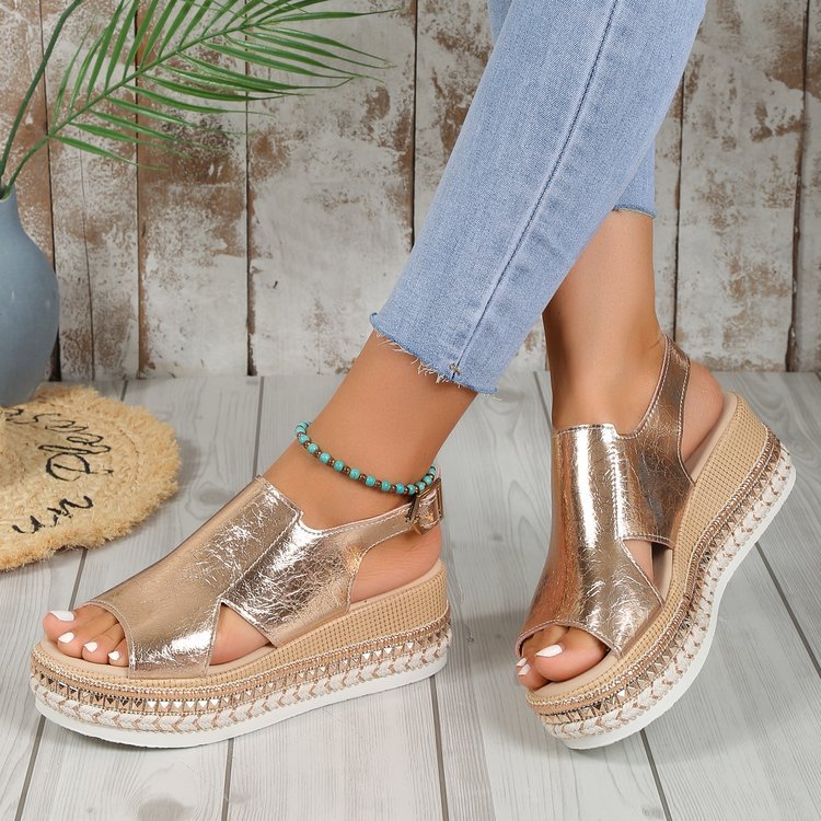 Summer Shiny Sandals Hollow Design Fish Mouth Sandal For Women Fashion Buckle Wedges Shoes