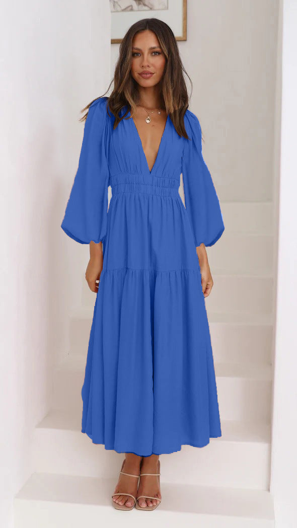 V-neck Waist-controlled Long Sleeves Dress Women