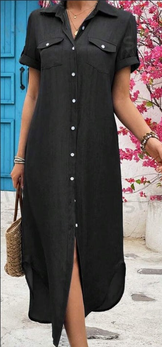 Women Summer Denim-Look Longline Shirt Dress