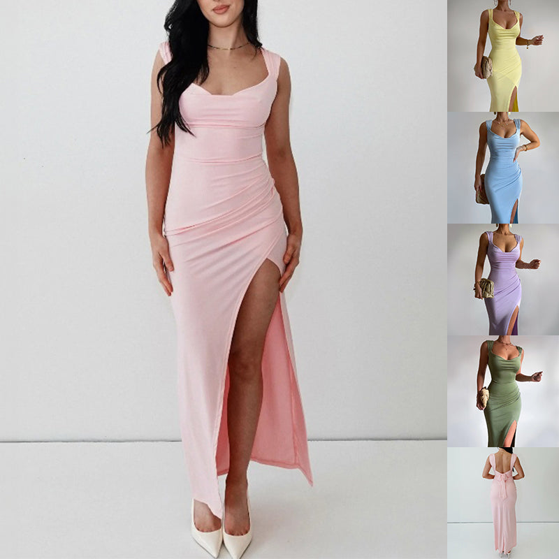 Slim Sleeveless Slit Dress With Back Tie Design Fashion Dresse