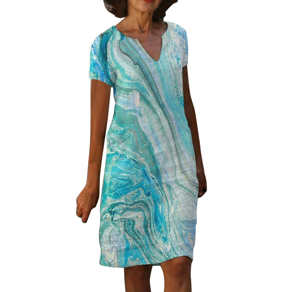 Women's Cotton Linen Print V-Neck Loose Dress