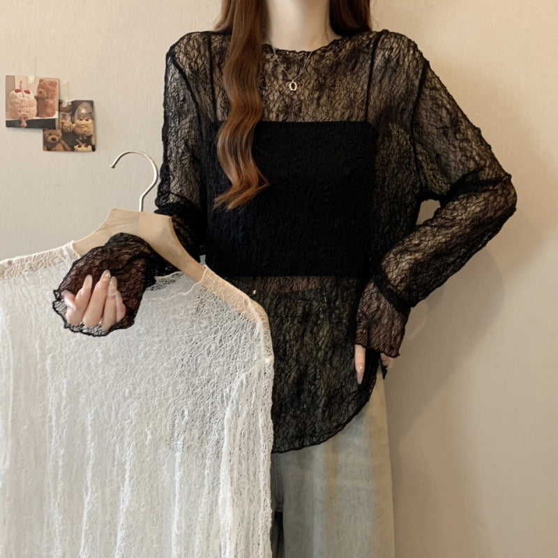 Black Thin Slightly Sheer Lace Long Sleeve T-shirt