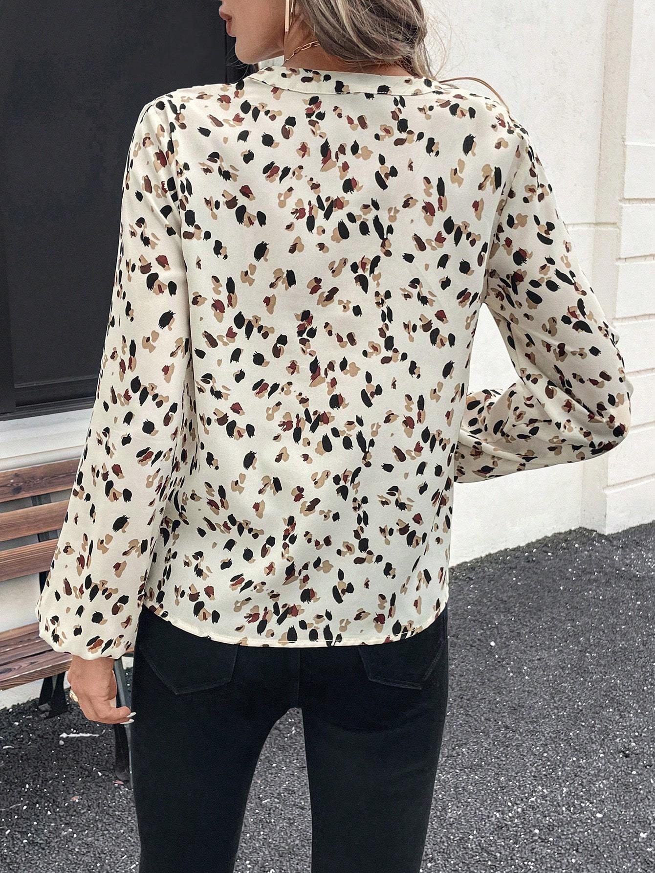 Women's V-Neck All-Over Print Elegant Long Sleeve Blouse