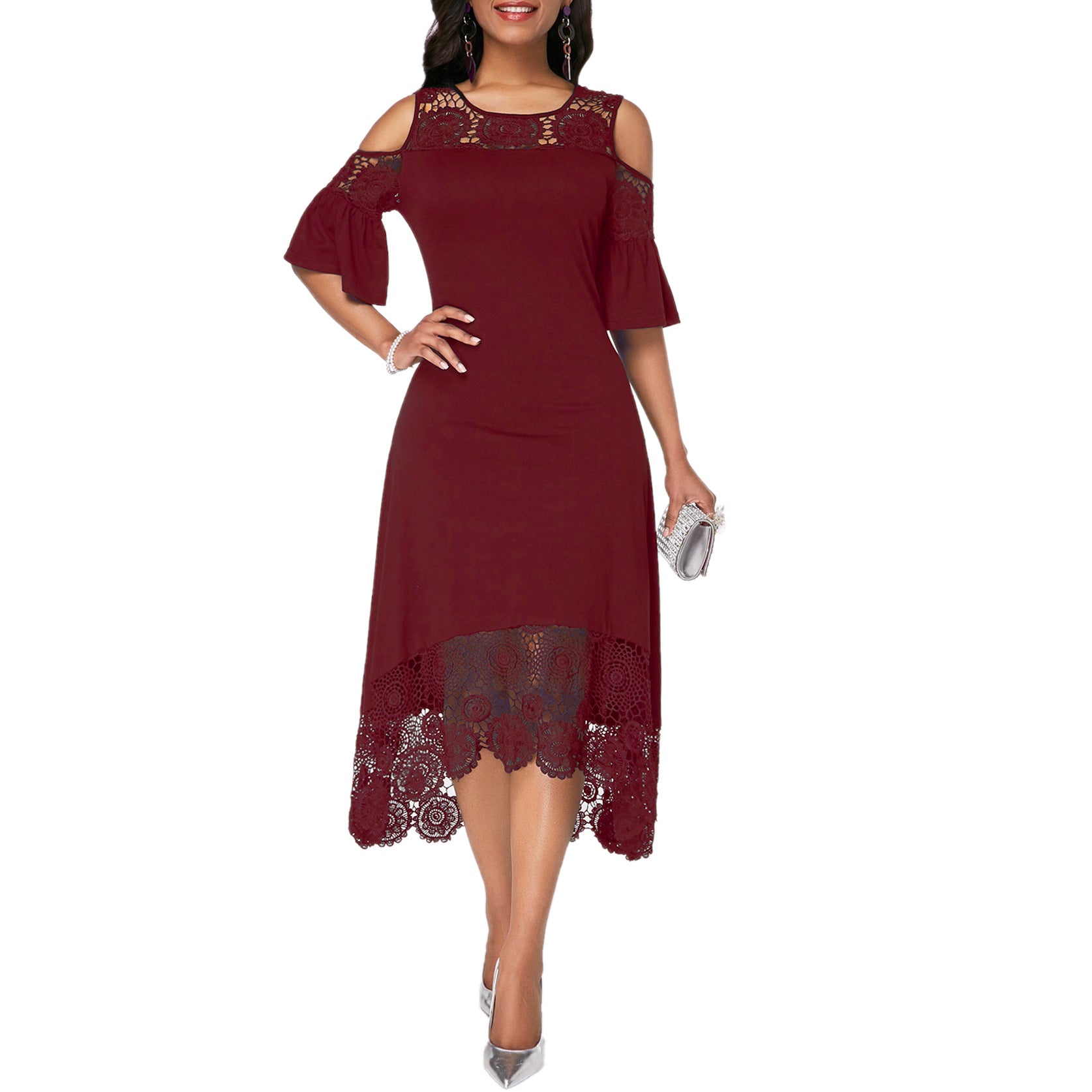 Lace Stitching Ruffled Short-sleeved Pullover Dress Women