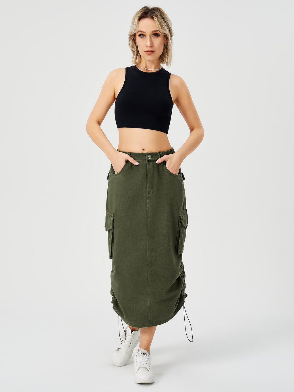 Women's Cargo Long Skirt Casual Streetwear Loose High Waist Front Split Maxi Skirt