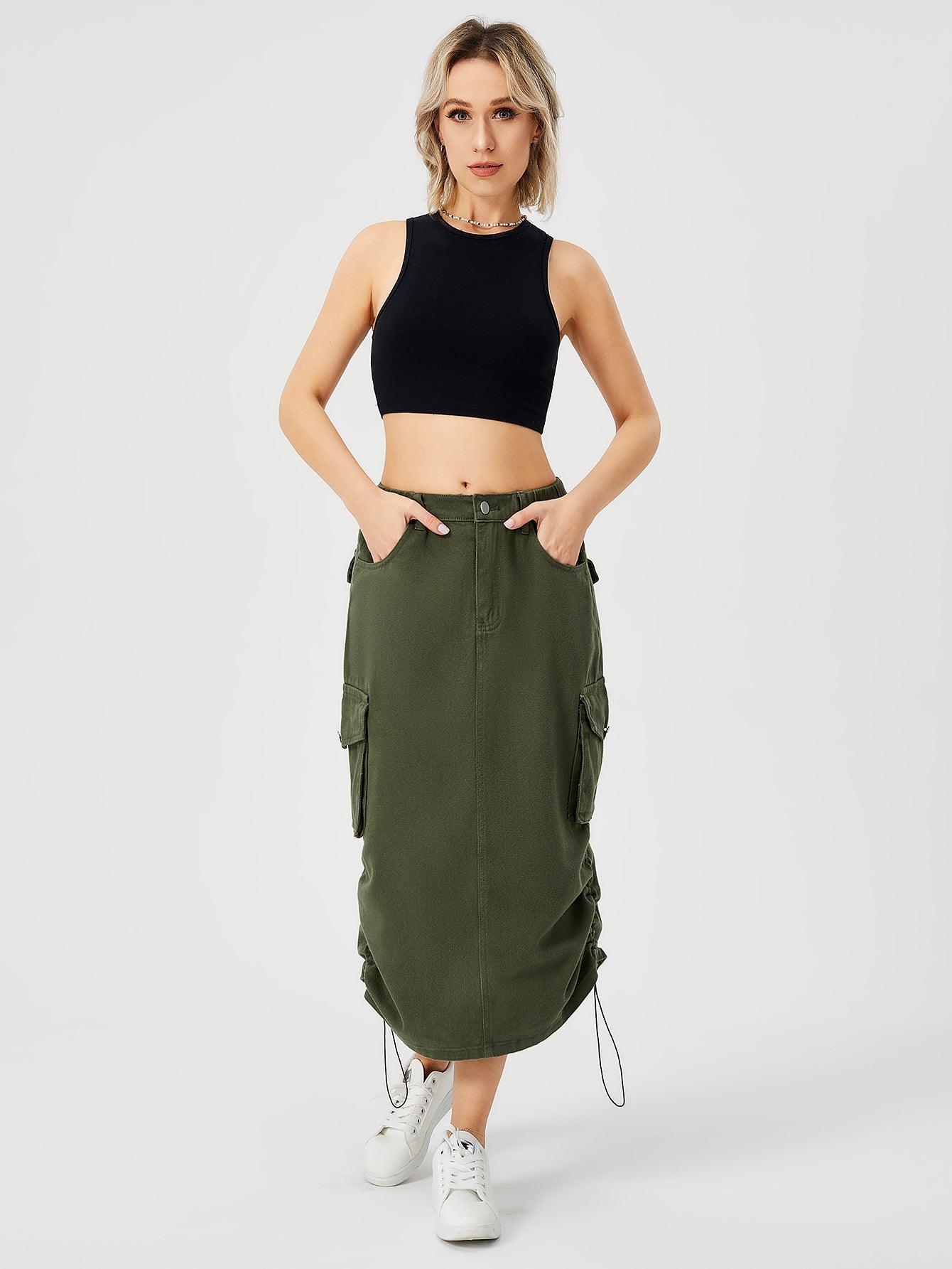 Women's Cargo Long Skirt Casual Streetwear Loose High Waist Front Split Maxi Skirt