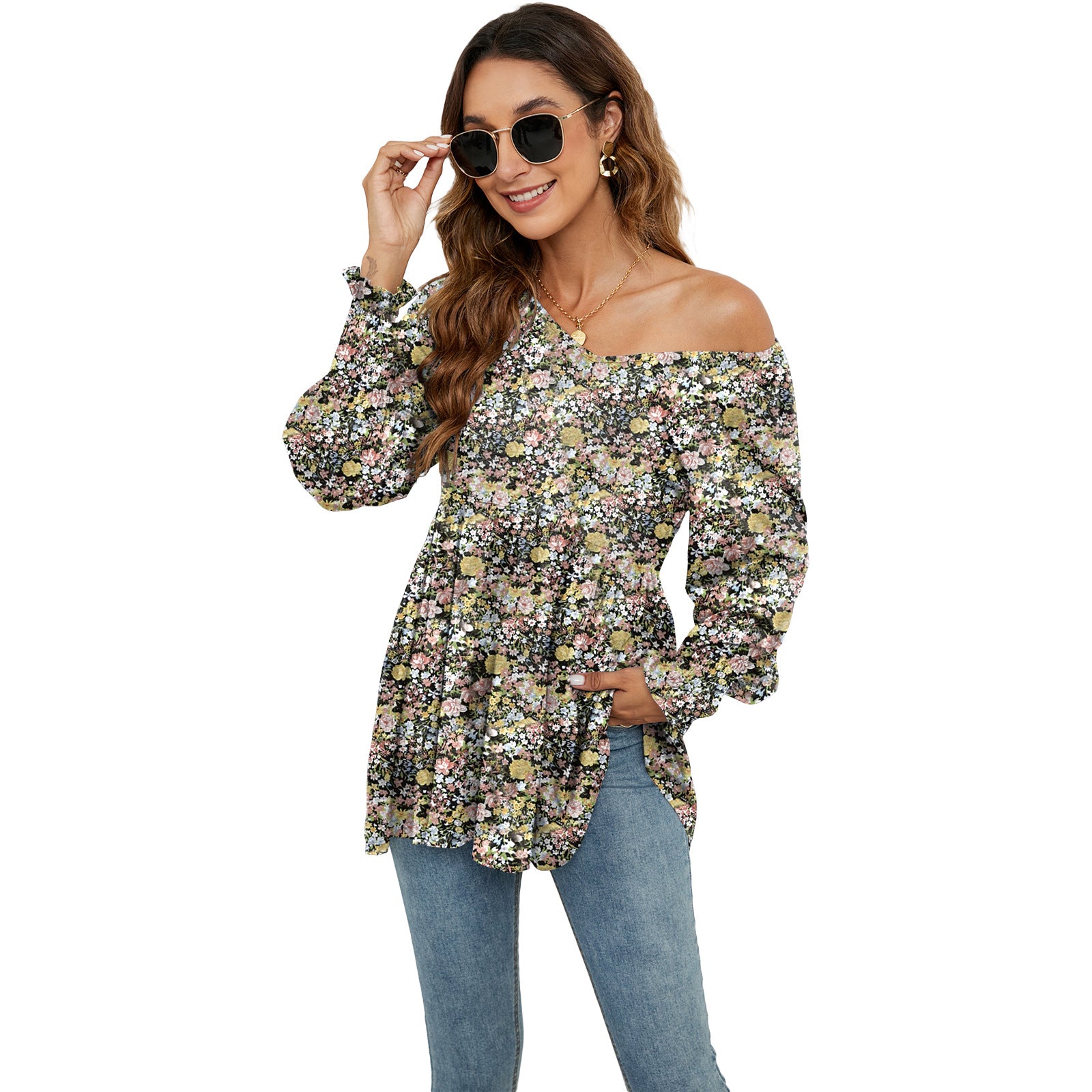 Long Puff Sleeve Tops Women Flowers Print Casual V-Neck Blouse