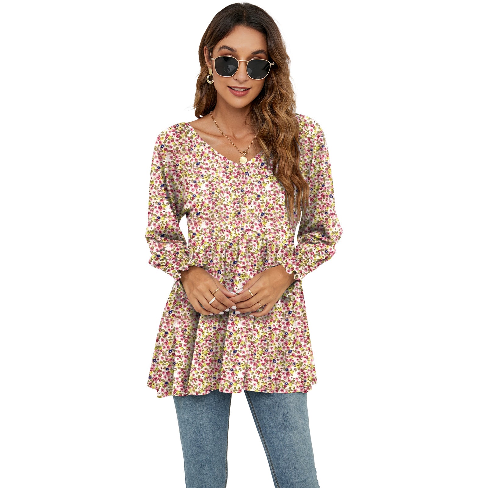 Long Puff Sleeve Tops Women Flowers Print Casual V-Neck Blouse