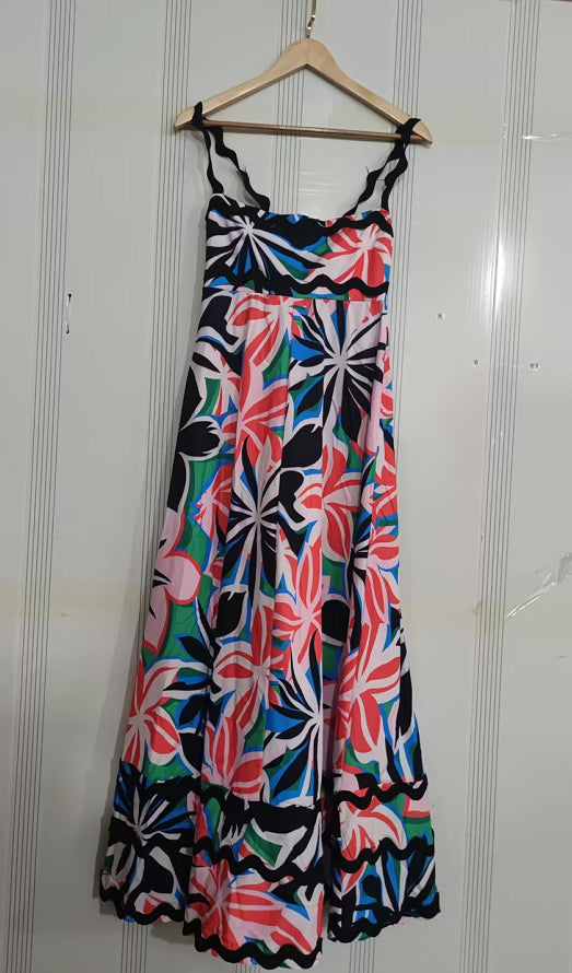 Flowers Print Wavy Pattern Suspender Long Beach Dress For Women