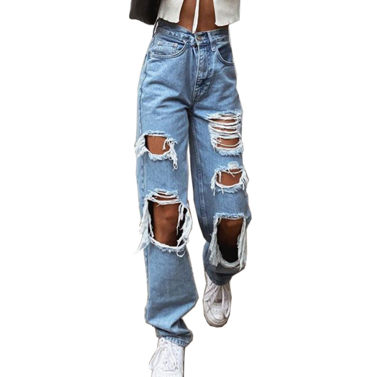 Retro Hole-punched Jeans Women High Waist Straight-crotch Loose Slim Design High-street Vibe Wide-legged Dragging Pants