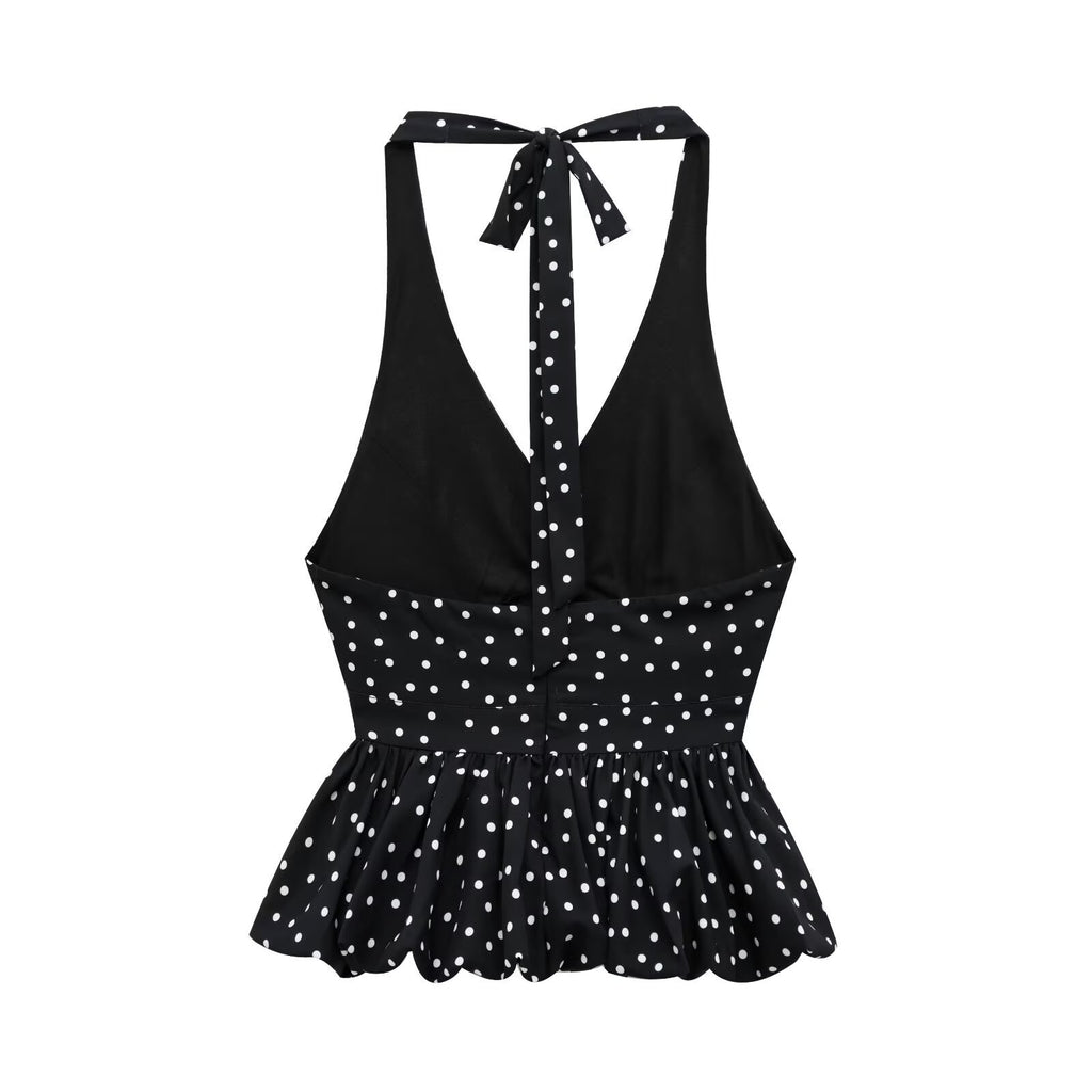 Fashion Casual Slim-fit Polka Dot Halter Tie-back Backless Camisole Top For Women