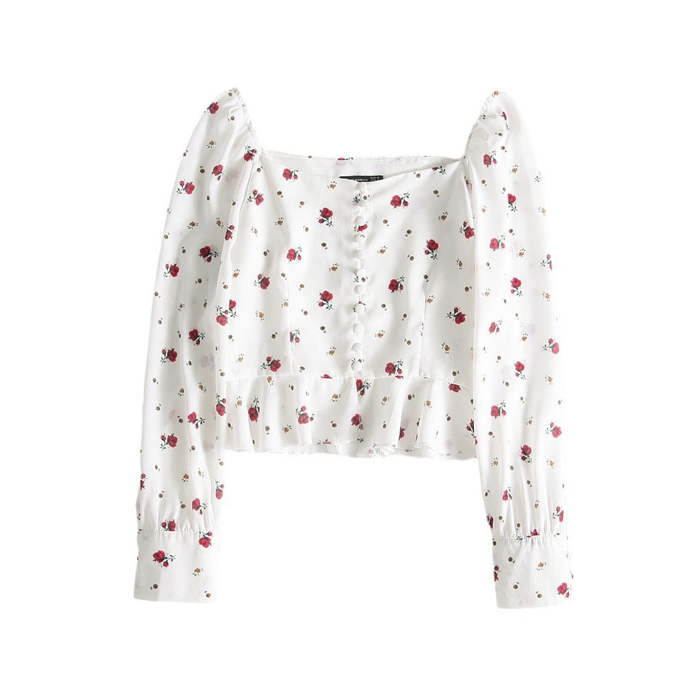 French Retro Square Neck Print Single-breasted Long Sleeve Ruffle Shirt