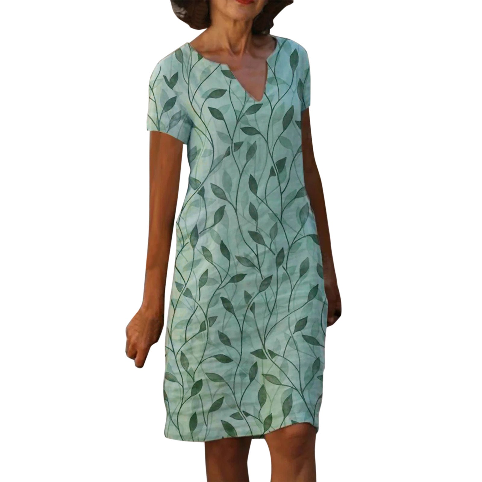 Women's Cotton Linen Print V-Neck Loose Dress