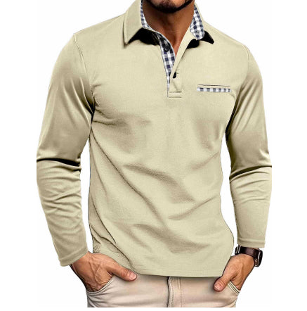 Casual Plaid Splicing Lapel Polo Shirt Fashion Solid Color Long Sleeve Top Men's Clothing