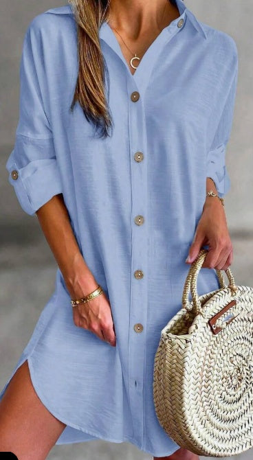 Women'S Simple Button-Down Casual Long Sleeved Shirt Dress