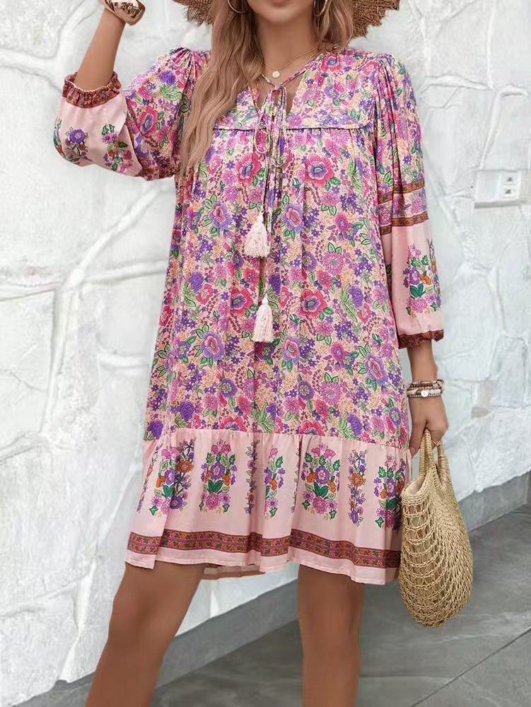 Women's Full Print Tie Neck Dress