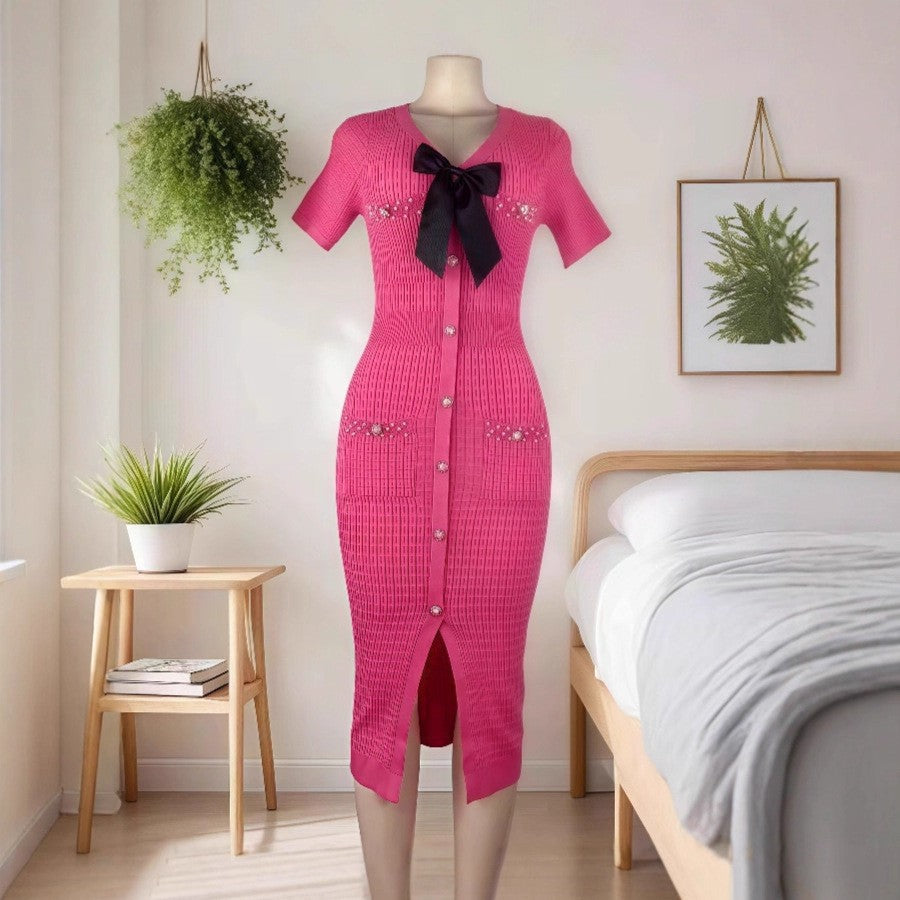 V-neck Bow Short-sleeved Beaded Button Slit Knit Dress