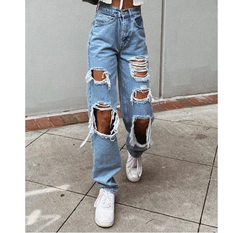 Retro Hole-punched Jeans Women High Waist Straight-crotch Loose Slim Design High-street Vibe Wide-legged Dragging Pants