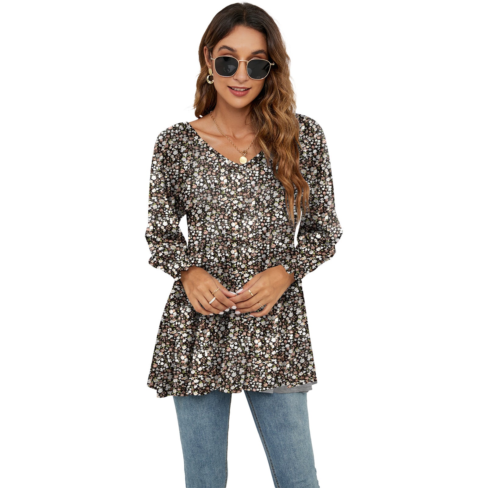 Long Puff Sleeve Tops Women Flowers Print Casual V-Neck Blouse