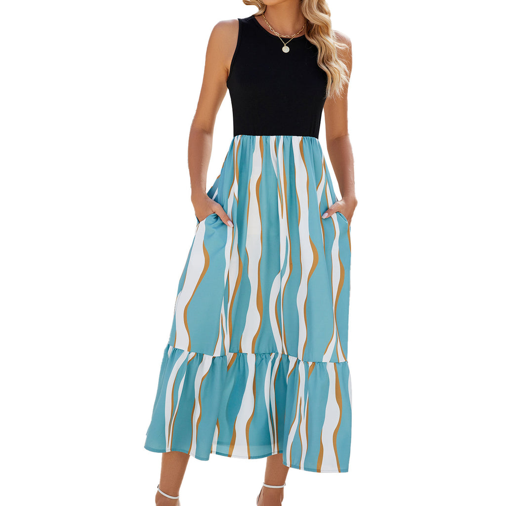Round Neck Sleeveless Long Dress Summer Fashion Striped Print Dress