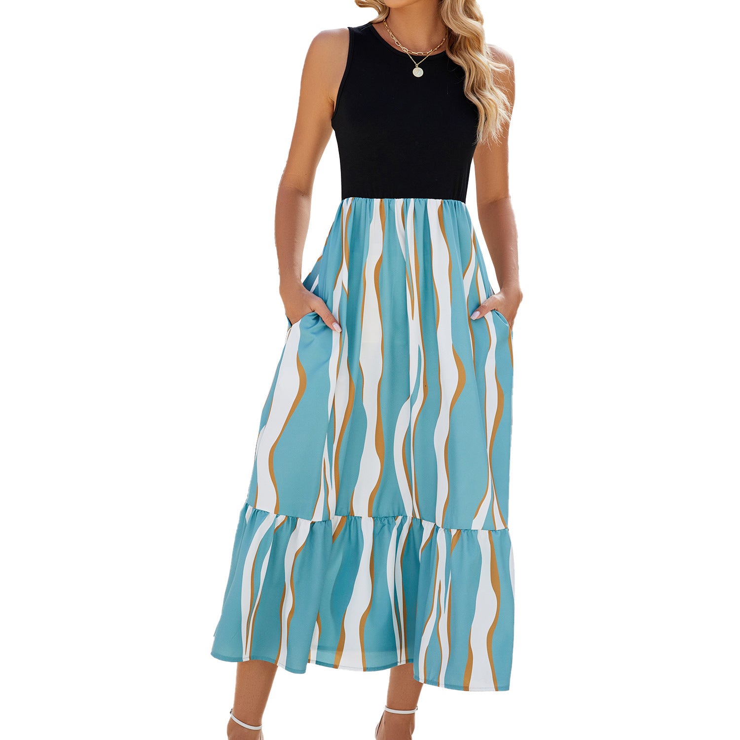 Round Neck Sleeveless Long Dress Summer Fashion Striped Print Dress
