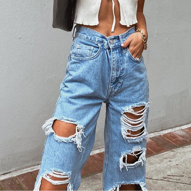 Retro Hole-punched Jeans Women High Waist Straight-crotch Loose Slim Design High-street Vibe Wide-legged Dragging Pants