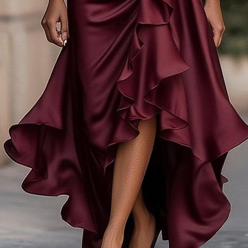 Women's Vintage Solid Color A-Line Maxi Dress, Asymmetrical Hem Ruffle Dress For Spring And Fall Holiday Parties