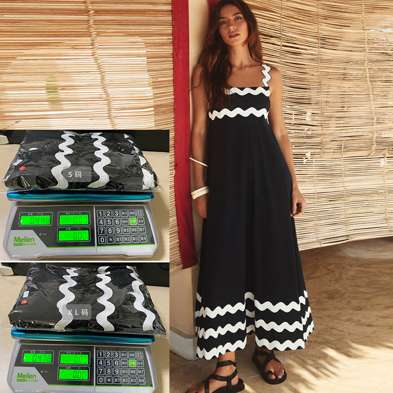 Flowers Print Wavy Pattern Suspender Long Beach Dress For Women