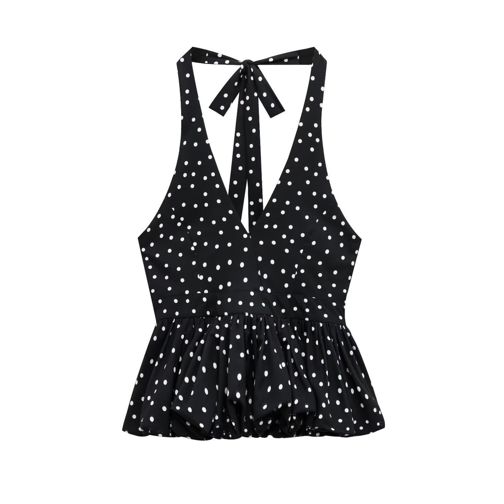 Fashion Casual Slim-fit Polka Dot Halter Tie-back Backless Camisole Top For Women